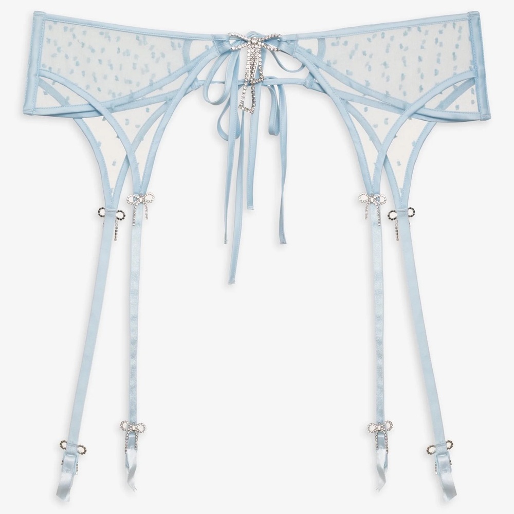 NWT For Love & Lemons Izzy Garter Belt Size L - Blue Dots & Bling Bows